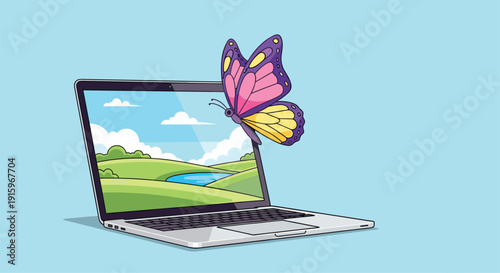 Purple butterfly flying out of a laptop screen displaying a cartoon green landscape with a pond and hills.