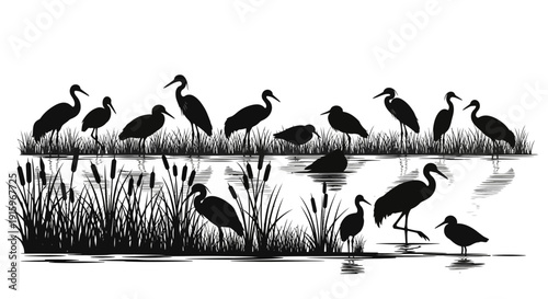 Black silhouette illustration of birds and wetland ecosystem on World Wetlands Day, featuring swans, rice fields, and aquatic life in a simple design.