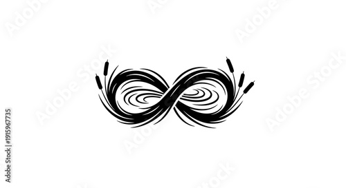 Black silhouette illustration of an infinity symbol intertwined with swirling lines and leaves on a white background, representing World Wetlands Day and wetland ecosystem conservation.