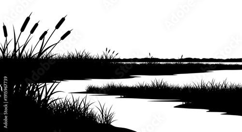 Black silhouette illustration of a wetland ecosystem with a swan and cattails on World Wetlands Day to protect wetlands.