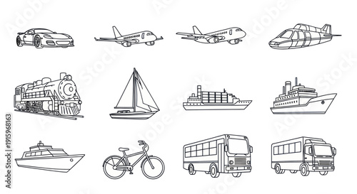 Black and white line art illustrations of various transportation modes including car, airplane, helicopter, train, sailboat, ships, bicycle, bus, and truck for educational and design use