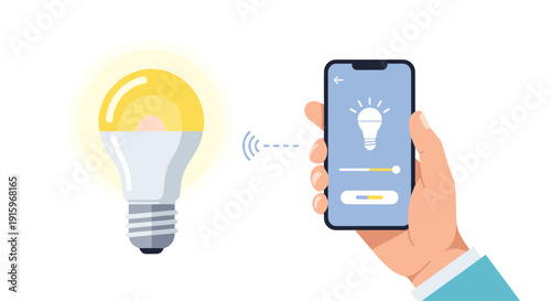 A hand holds a smartphone controlling a smart light bulb wirelessly with an app interface showing brightness adjustment on a white background.