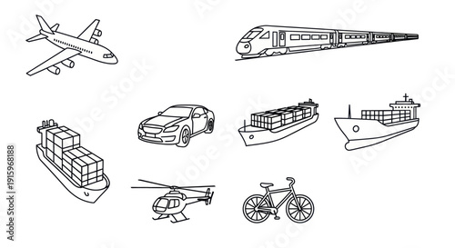 Black and white outline icons of various transportation modes including airplane, train, cargo ship, car, helicopter, and bicycle for travel and logistics design
