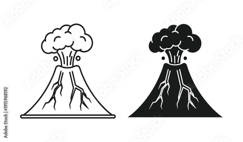 Vector illustration of volcanoes erupting with smoke and ash in black and white