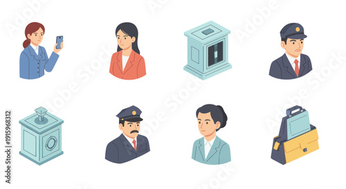 Cartoon illustrations of people in uniform and professional attire with security boxes and briefcase icons, suitable for business and security themes