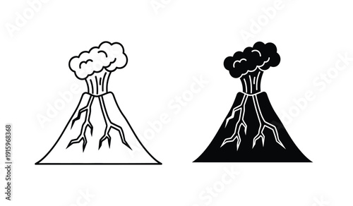 Vector illustration of two erupting volcanoes in black and white