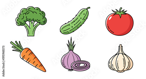 Set of colorful outline icons illustrating various garden vegetables such as broccoli, cucumber, tomato, and carrot.