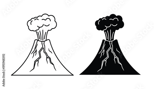 Vector illustration of two volcanic eruption icons in black and white