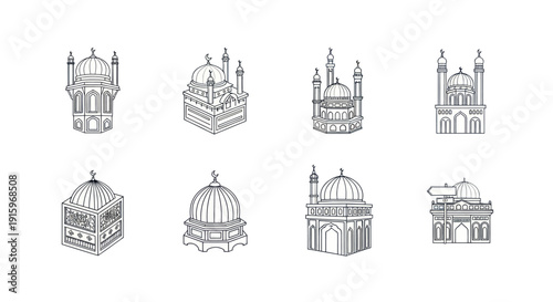 Hand-drawn Islamic mosque icons collection with domes and minarets in line art style, perfect for religious and cultural design projects