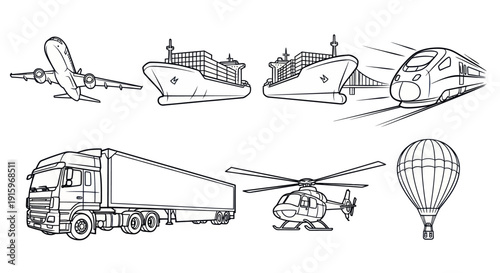 Hand-drawn transportation icons including airplane, cargo ships, train, truck, helicopter, and hot air balloon for logistics and travel projects