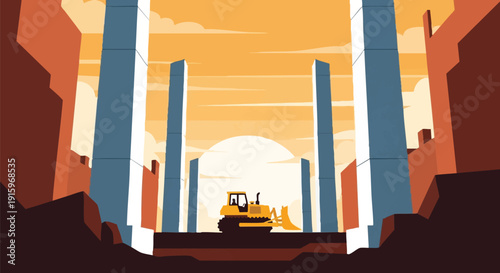 Yellow Bulldozer on Construction Site. Graphic Vector Illustration of Heavy Earthmoving Equipment Building Modern Infrastructure Towers at Sunrise or Sunset.
