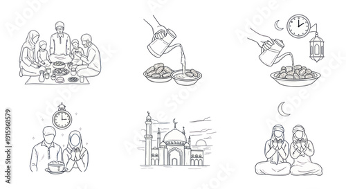 Islamic Ramadan traditions set with family prayer, breaking fast with dates and water, mosque, and crescent moon symbols, perfect for religious and cultural projects