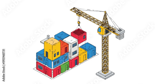 Isometric Crane Stacking Colorful Modular Buildings. Prefabricated Shipping Container Architecture and Modern Construction Vector Illustration.