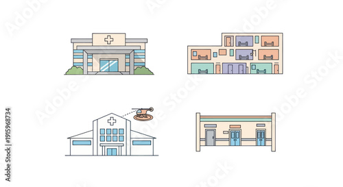 Medical building and hospital vector illustrations with helicopter, wards, and entrance views, healthcare concept for design and infographic usage