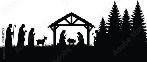 Nativity scene silhouettes illustration, holy family vector artwork, Christmas religious design drawing, shepherds magi animals icon, festive spiritual symbol graphics
