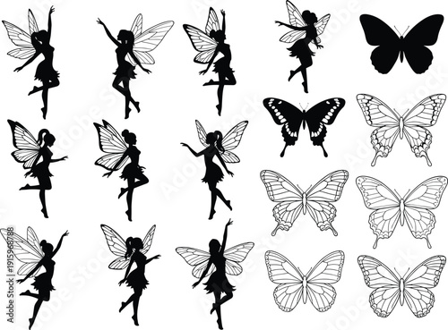 Fairy and butterfly silhouettes, decorative outlines, wing patterns, fantasy design, magical creatures, nature elements, vector illustration concept
