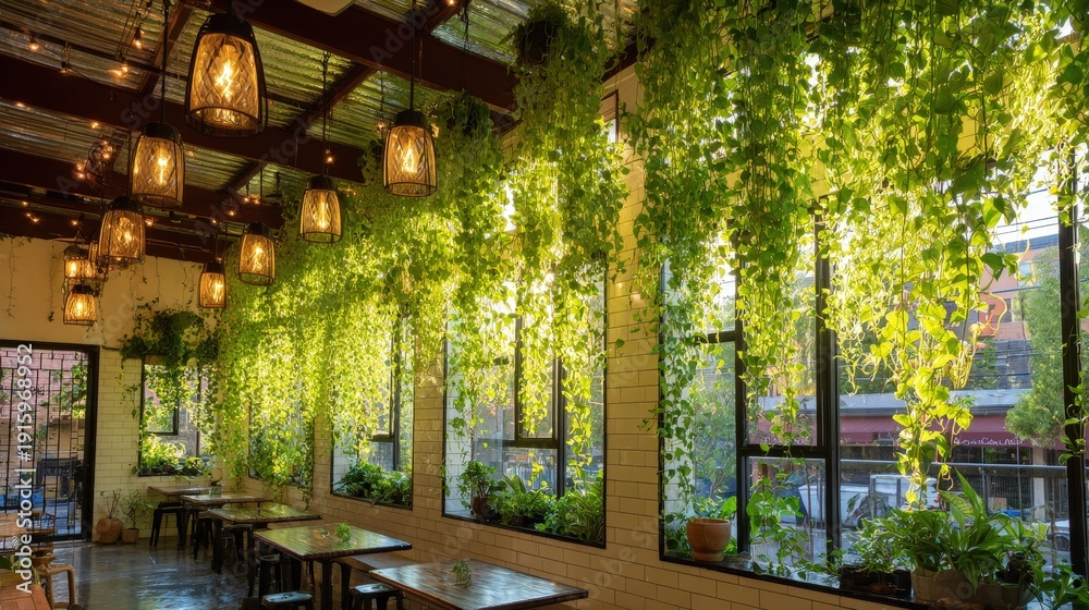 Fototapeta premium Inviting modern cafe interior with lush green plants, warm lighting, and natural sunlight