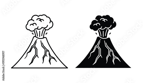 Vector illustration of two volcanic eruption icons in black and white