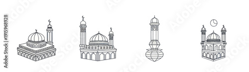 Outline vector icons of Islamic mosques and minarets with crescent moons, symbolic religious architecture for design and cultural projects