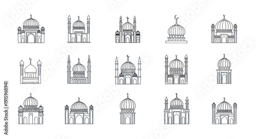 Set of 15 hand-drawn mosque icons with domes and minarets, Islamic architecture symbols for religious and cultural design projects