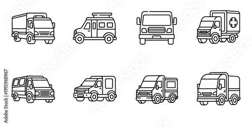 Set of black and white line art delivery and service vehicle icons including ambulance, truck, van, and cargo truck suitable for transport and logistics designs