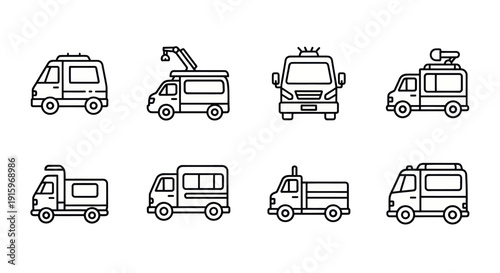 Set of black and white line art truck and utility vehicle icons including camper, crane, fire truck, news van, dump truck, and cargo truck illustrations