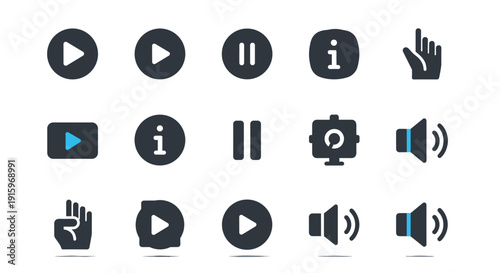 Various user interface icons are displayed in rows on a white background, representing media controls and interactive elements.