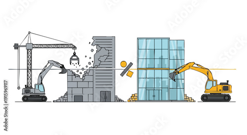 Urban Renewal Concept. Demolition of Old Building vs. Construction of Modern Skyscraper. Progress and Change Line Art Illustration.