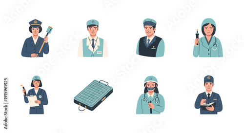 Set of diverse medical and healthcare professionals with tools and equipment, including doctor, nurse, technician, and policeman illustrations ideal for healthcare presentations
