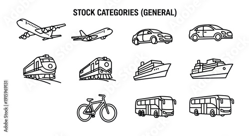 Black and white line art icons of various transportation methods including airplane, car, train, ship, bicycle and bus for general stock category usage