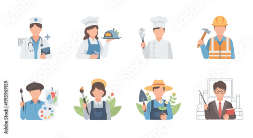 Set of diverse professional people icons including doctor, chefs, construction worker, painter, gardener, artist, and teacher for career and occupation concepts