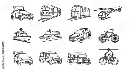 Black and white line art illustrations of various transportation modes including cars, trains, helicopters, boats, and bicycles, ideal for design and educational use