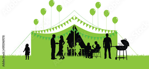 Outdoor party celebration illustration, festive gathering vector artwork, family community event design graphics, tent barbecue icons, social activity symbols