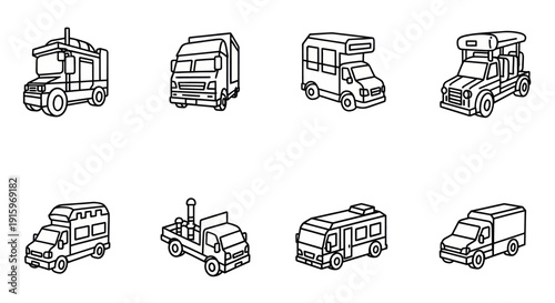 Set of eight black and white line art delivery and utility vehicles icons, vector illustration for transportation and logistics design