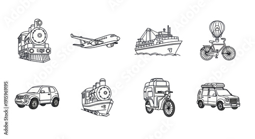 Black and white line art set of various transportation vehicles including train, airplane, ship, bicycle, car, and motorcycle for travel and transport designs