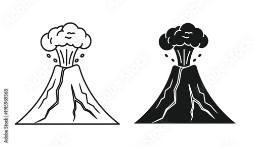 Vector illustration of erupting volcanoes in black and white