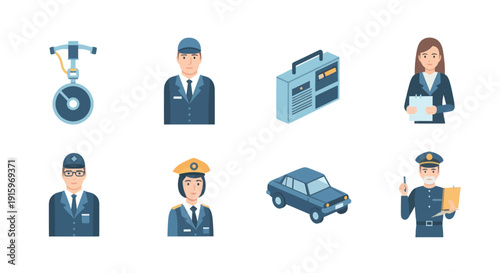 Set of police and security officers with accessories including radio, car, and clipboard, ideal for safety, law enforcement, and public service projects