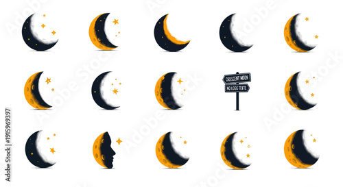Crescent moon icon set with stars and a face silhouette in orange and black colors, perfect for night, astronomy, and mystical design projects