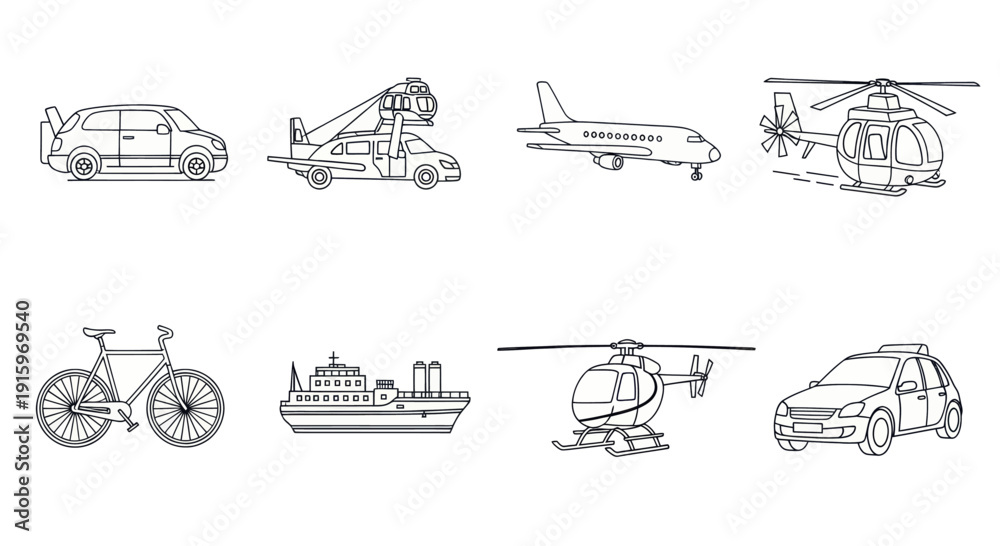 Obraz premium Hand-drawn transportation icons including cars, helicopters, airplane, bicycle, and ship line art for creative travel and transport projects