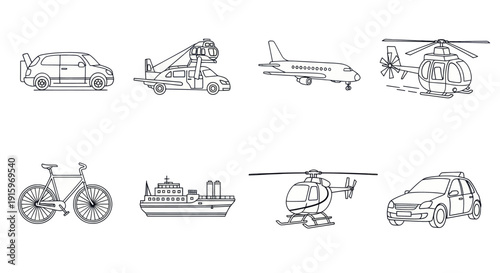 Hand-drawn transportation icons including cars, helicopters, airplane, bicycle, and ship line art for creative travel and transport projects
