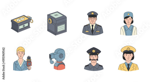 Illustration set of vintage police officers, detective, robot, old camera, and locksmith box icons, perfect for retro tech and law enforcement themed projects