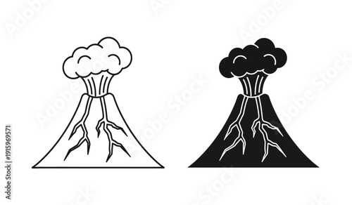 Vector illustration of volcano icons in black and white with smoke and roots on pure