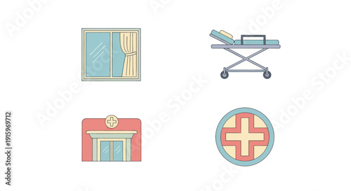 Medical building hospital entrance, ambulance stretcher, window with curtains, and red medical cross icon, healthcare and emergency concept illustration