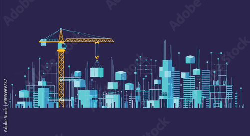 Futuristic Smart City Construction: Digital Building Development, Modular Architecture, and Technological Infrastructure Network.