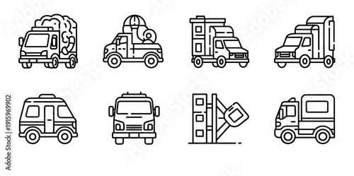 Set of black outline truck and vehicle icons including garbage, pickup, camper, delivery, and forklift for logistics and transport design
