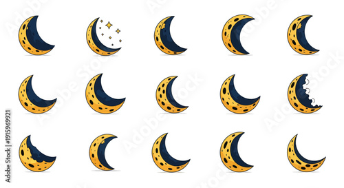 Set of crescent moon icons with various styles and details, perfect for night, space, astrology, or celestial themed designs