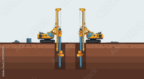 Double Pile Driver Rigs Working on Foundation Construction Site Preparation. Deep drilling into layered earth strata illustration.