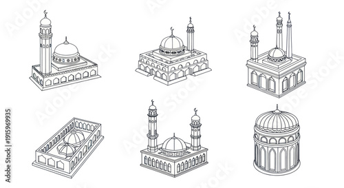 Set of detailed hand-drawn mosque sketches with domes and minarets, Islamic architecture line art ideal for religious and cultural design projects