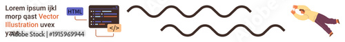Web development, programming, data communication, technology, coding, creativity. HTML code block, wavy lines person interacting with elements. Web development and programming