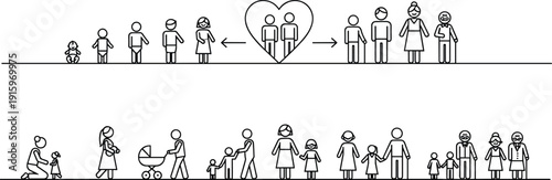 Human life cycle silhouettes illustration, family development vector artwork, generational progression design graphics, aging stages icon set, social relationship symbols